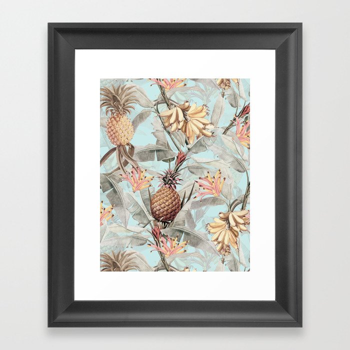 Vintage & Shabby Chic - Teal Pineapple Banana Tropical Summer Garden Framed Art Print