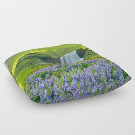 Iceland Skogafoss Summer Waterfall Lupine Wildflowers Landscape Floor Pillow