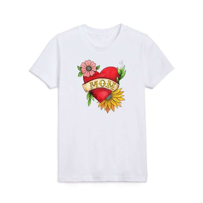 Mom Heart Tattoo Watecolor with Flowers Kids T Shirt
