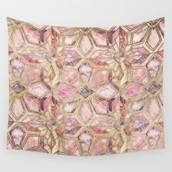Pink Wall Tapestry geometric gilded stone tiles in blush pink, peach and coral wall Pink Wall Tapestry geometric gilded stone tiles in blush pink, peach and coral wall