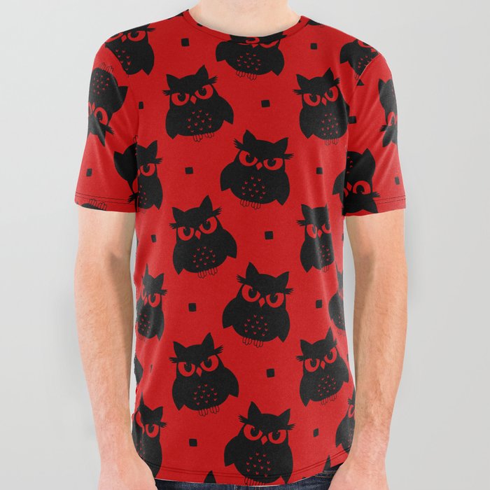 Black Cute Owl Seamless Pattern on Red Background All Over Graphic Tee
