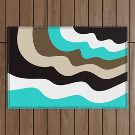 Modern Retro Abstract Color Block Waves // Turquoise Blue, Khaki Tan, Dark Brown, Black and White Outdoor Rug