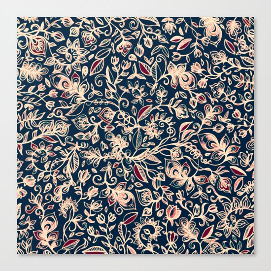 Navy Garden - floral doodle pattern in cream, dark red & blue Canvas Print