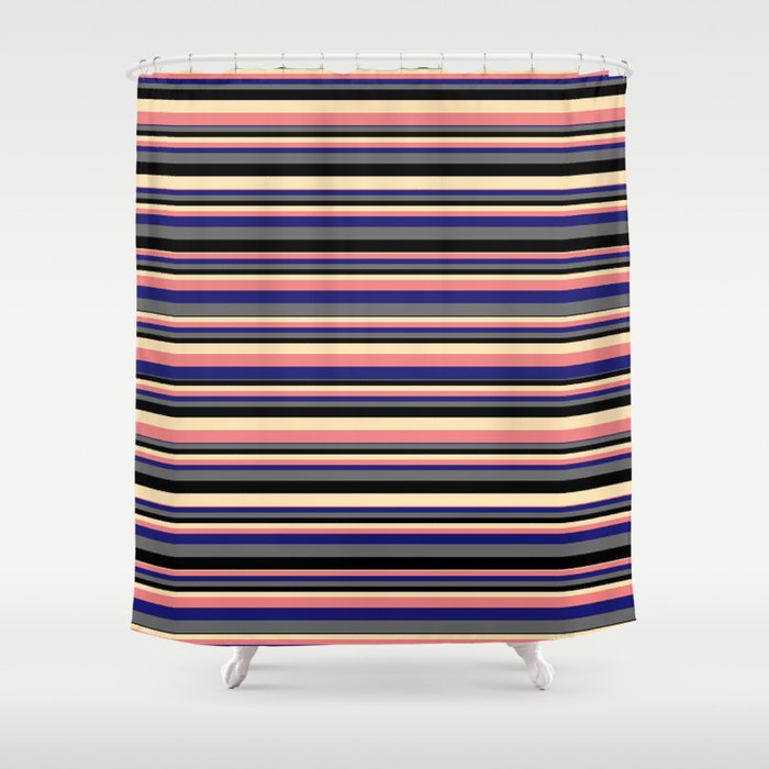 Vibrant Beige, Light Coral, Midnight Blue, Dim Gray, and Black Colored Pattern of Stripes Shower Curtain