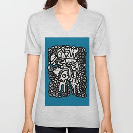 Black and White  Graffiti Cool Monsters on Blue background V Neck T Shirt