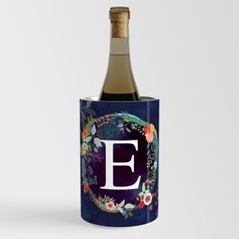 Personalized Monogram Initial Letter E Floral Wreath Artwork Wine Chiller