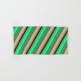 [ Thumbnail: Green, Maroon, Tan & Sea Green Colored Lined/Striped Pattern Hand & Bath Towel ]