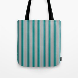 [ Thumbnail: Dark Grey & Teal Colored Striped Pattern Tote Bag ]