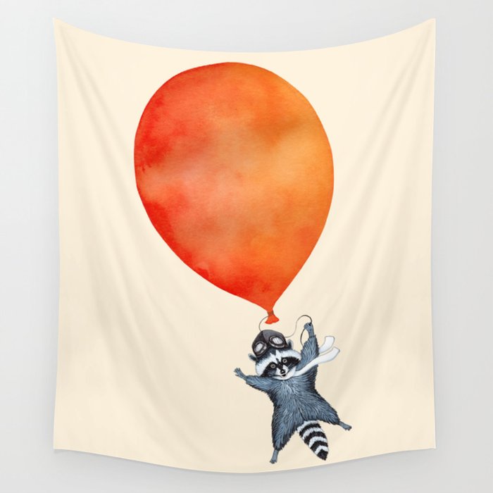 Raccoon and Balloon Wall Tapestry