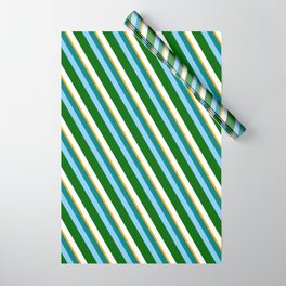 [ Thumbnail: Vibrant Teal, Light Sky Blue, Dark Green, White, and Orange Colored Pattern of Stripes Wrapping Paper ]