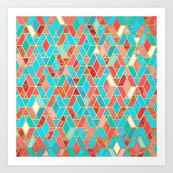 Melon and Aqua Geometric Tile Pattern Art Print