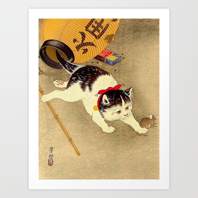 Japanese Woodblock Print Cat Lantern Playful Vintage Art Art Print By Enshape Society6