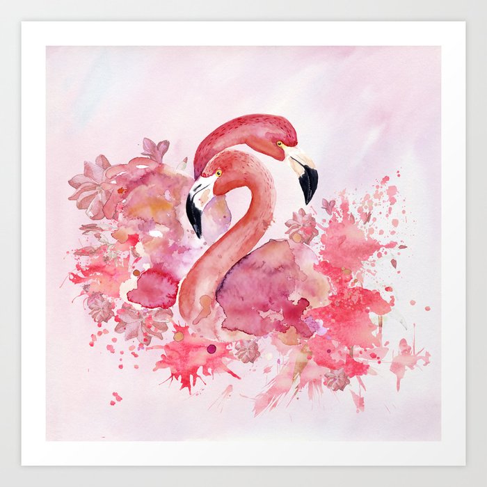 Tropical Birds- Flamingo In LOVE with exotic flowers Art Print