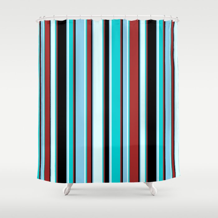 Brown, Dark Turquoise, Light Cyan, Sky Blue, and Black Colored Lines/Stripes Pattern Shower Curtain
