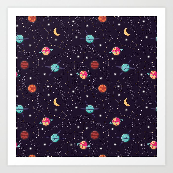 Universe with planets and stars seamless pattern, cosmos starry night sky 004 Art Print