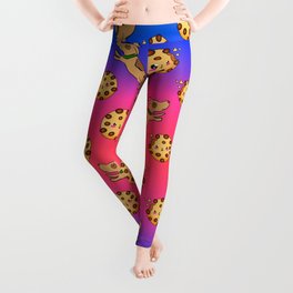 Cute happy playful jumping funny Kawaii puppy dogs, sweet adorable yummy chocolate chip cookies cartoon colorful bright raspberry pink and blue design.  Leggings