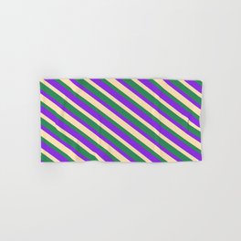 [ Thumbnail: Sea Green, Purple & Beige Colored Striped/Lined Pattern Hand & Bath Towel ]