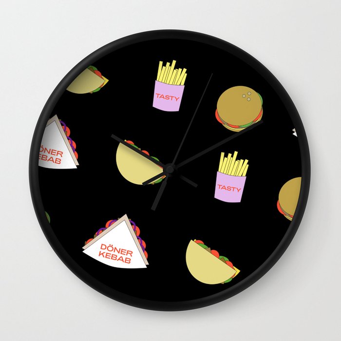Snack Attack! Wall Clock | Graphic-design, Digital, Pattern, Food, Snacks, Burger, Fries, Taco, Kebab