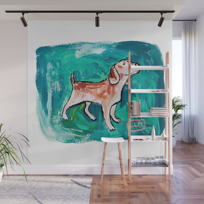 Beagle Dog Painting on Emerald Green Wall Mural