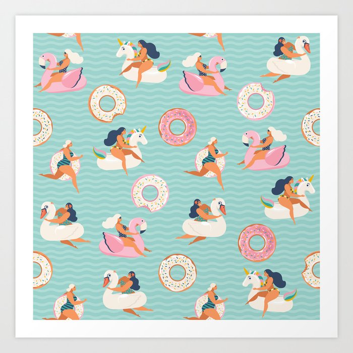 Flamingo, unicorn, swan and sweet donut inflatable swimming pool floats Art Print