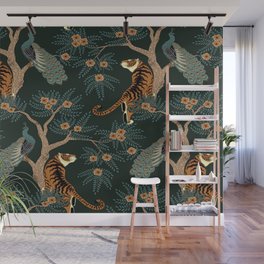 Vintage tiger and peacock Wall Mural