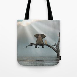 elephant and dog sit on a tree during a flood Tote Bag