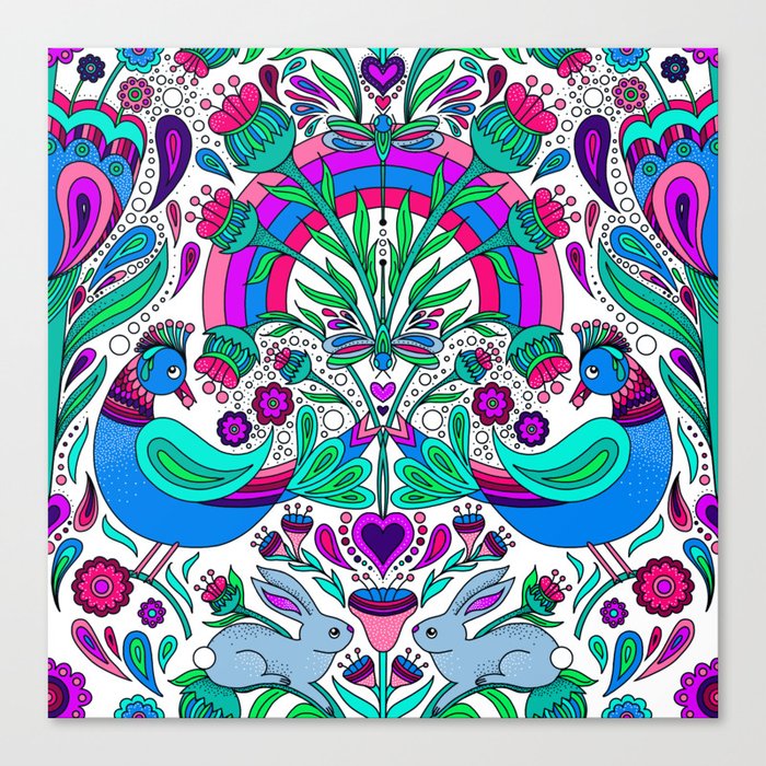 Folk Art Rainbow Birds and Bunnies - Blue and Purple Distelfink Daydream  Canvas Print