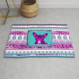 French pink Bulldog Illustration with in turquoise frame Rug