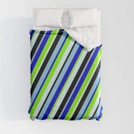 [ Thumbnail: Colorful Sky Blue, Blue, Chartreuse, Light Cyan & Black Colored Lines Pattern Duvet Cover ]