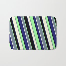[ Thumbnail: Vibrant Slate Gray, Beige, Midnight Blue, Black, and Green Colored Stripes/Lines Pattern Bath Mat ]