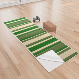 [ Thumbnail: Dark Olive Green, Tan, and Dark Green Colored Lined/Striped Pattern Yoga Towel ]