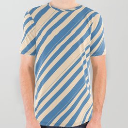[ Thumbnail: Blue and Bisque Colored Lines/Stripes Pattern All Over Graphic Tee ]