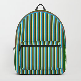 [ Thumbnail: Pale Goldenrod, Deep Sky Blue, Sienna & Dark Green Colored Lined/Striped Pattern Backpack ]