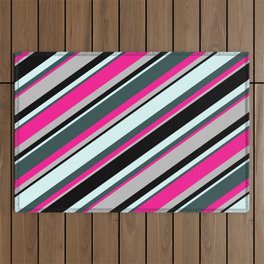 [ Thumbnail: Colorful Light Cyan, Dark Slate Gray, Deep Pink, Grey & Black Colored Lines/Stripes Pattern Outdoor Rug ]