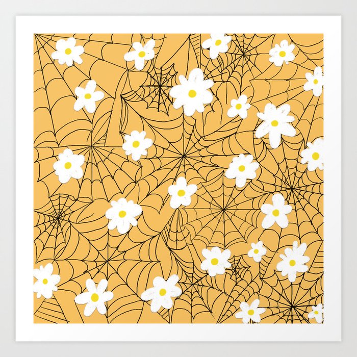 Daisy Flowers and Cobwebs, Orange Art Print