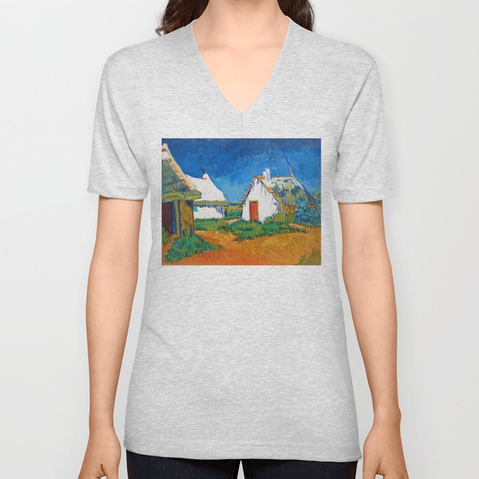 Three white cottages in Saintes-Maries by Vincent van Gogh V Neck T Shirt