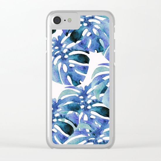 Monstera Pattern Blue Clear iPhone Case