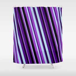 [ Thumbnail: Indigo, Light Blue, Dark Orchid & Black Colored Striped Pattern Shower Curtain ]