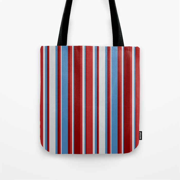 Blue, Light Gray, Red, and Maroon Colored Pattern of Stripes Tote Bag