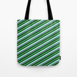 [ Thumbnail: Turquoise, Slate Gray, and Dark Green Colored Striped Pattern Tote Bag ]