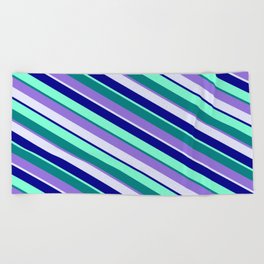[ Thumbnail: Eye-catching Teal, Purple, Lavender, Dark Blue, and Aquamarine Colored Pattern of Stripes Beach Towel ]