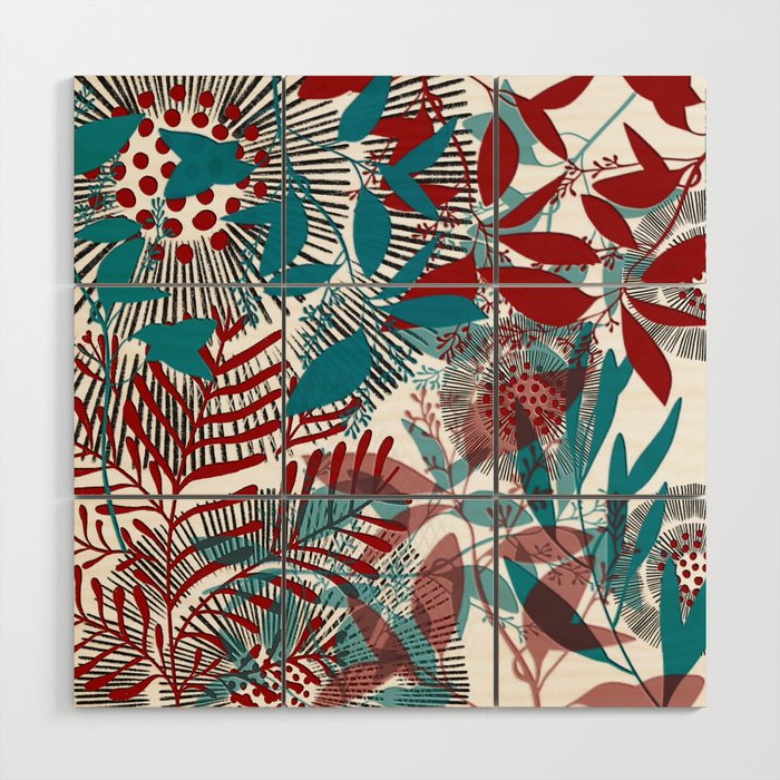 Red and Teal Botanical Wood Wall Art