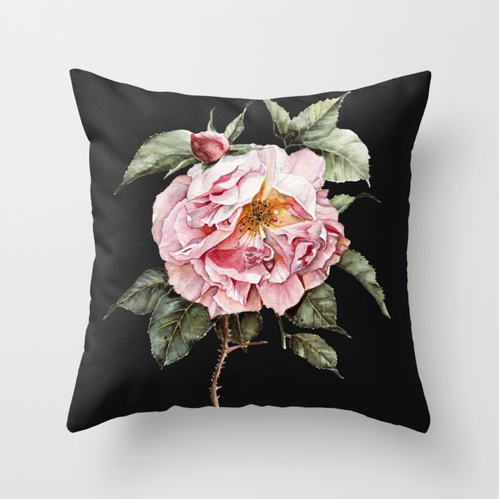 Wilting Pink Rose Watercolor on Charcoal Black Throw Pillow
