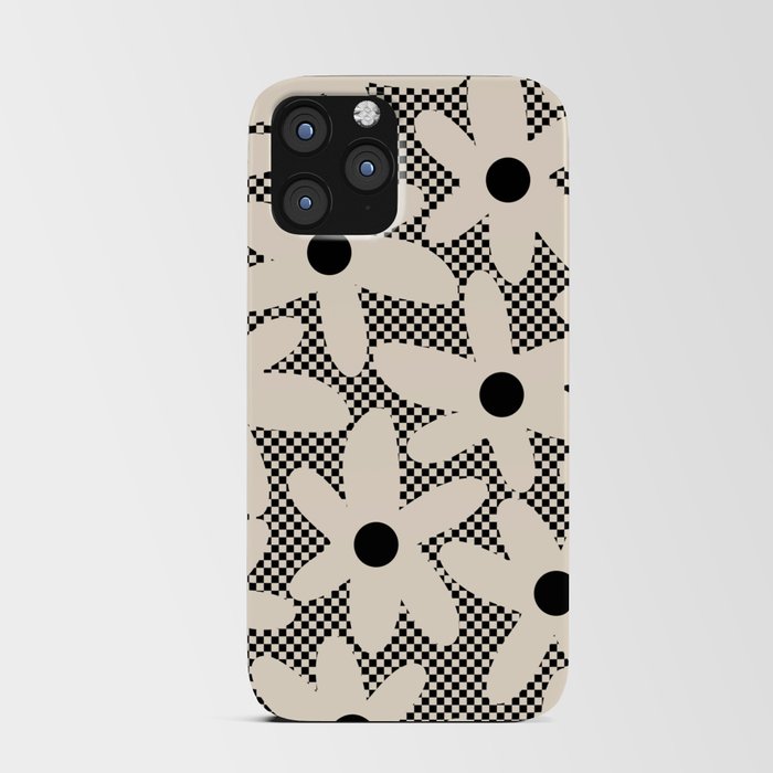 Daisy Time Retro Floral Checks and Dots Pattern in Black and Almond Cream iPhone Card Case
