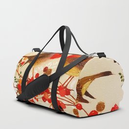 Red Gold Winter Birds Holly Berry Branches Watercolor Duffle Bag