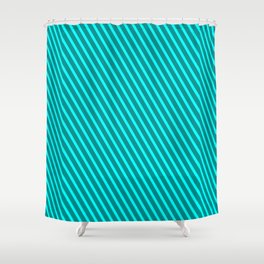 [ Thumbnail: Dark Cyan and Cyan Colored Lined Pattern Shower Curtain ]