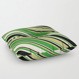 [ Thumbnail: Dark Khaki, Forest Green, Light Yellow, and Black Colored Pattern of Stripes Floor Pillow ]