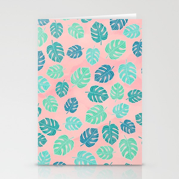 Modern green turquoise monstera leaf on blush pink watercolor pattern Stationery Cards