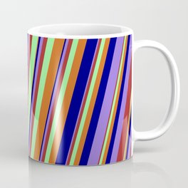 [ Thumbnail: Colorful Brown, Green, Chocolate, Blue, and Purple Colored Lined Pattern Coffee Mug ]