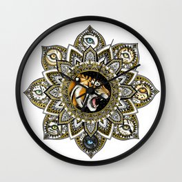 Black and Gold Roaring Tiger Mandala With 8 Cat Eyes Wall Clock